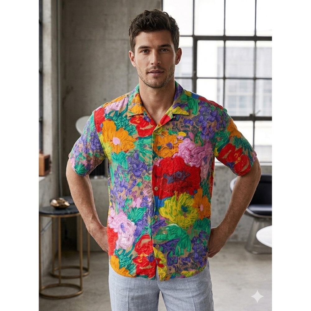Jams‎ World Button Up Mens Large Multicolor Floral Crushed Rayon Aloha Shirt